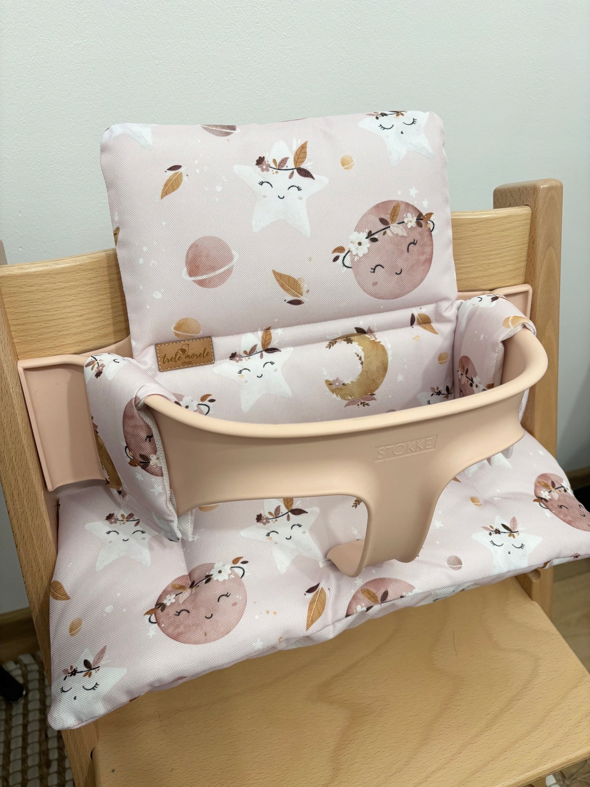 Waterproof Cushions for Stokke Tripp Trapp 2in1 Moons Roses Color white shades of brown and beige pink