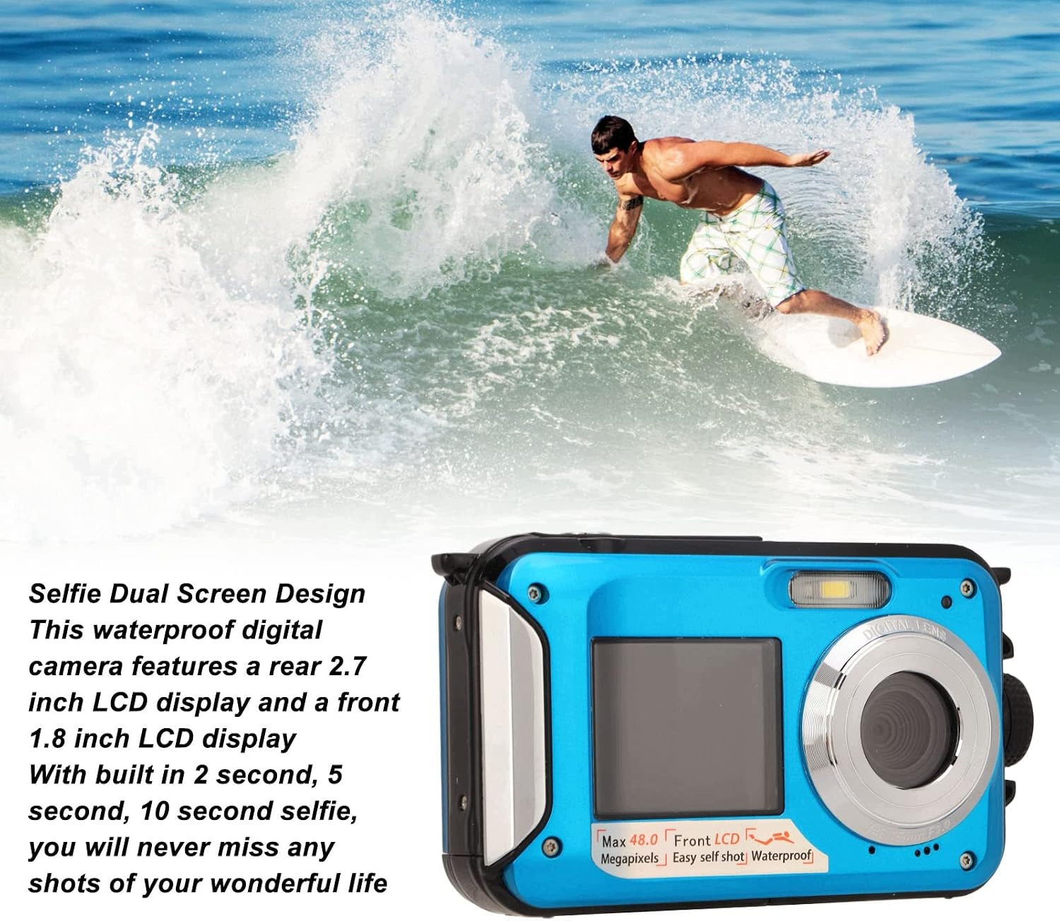 Waterproof Dual Screen Digital Camera, Full HD 2,7K 48MP 10 Feet 16-k Resolution 128 Mpx
