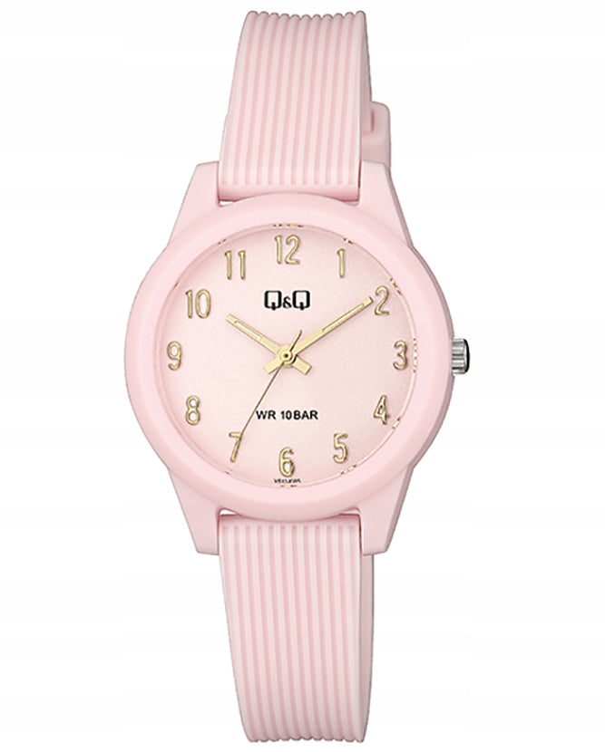 Waterproof WR100 children's pink watch on Q&Q strap with numbers