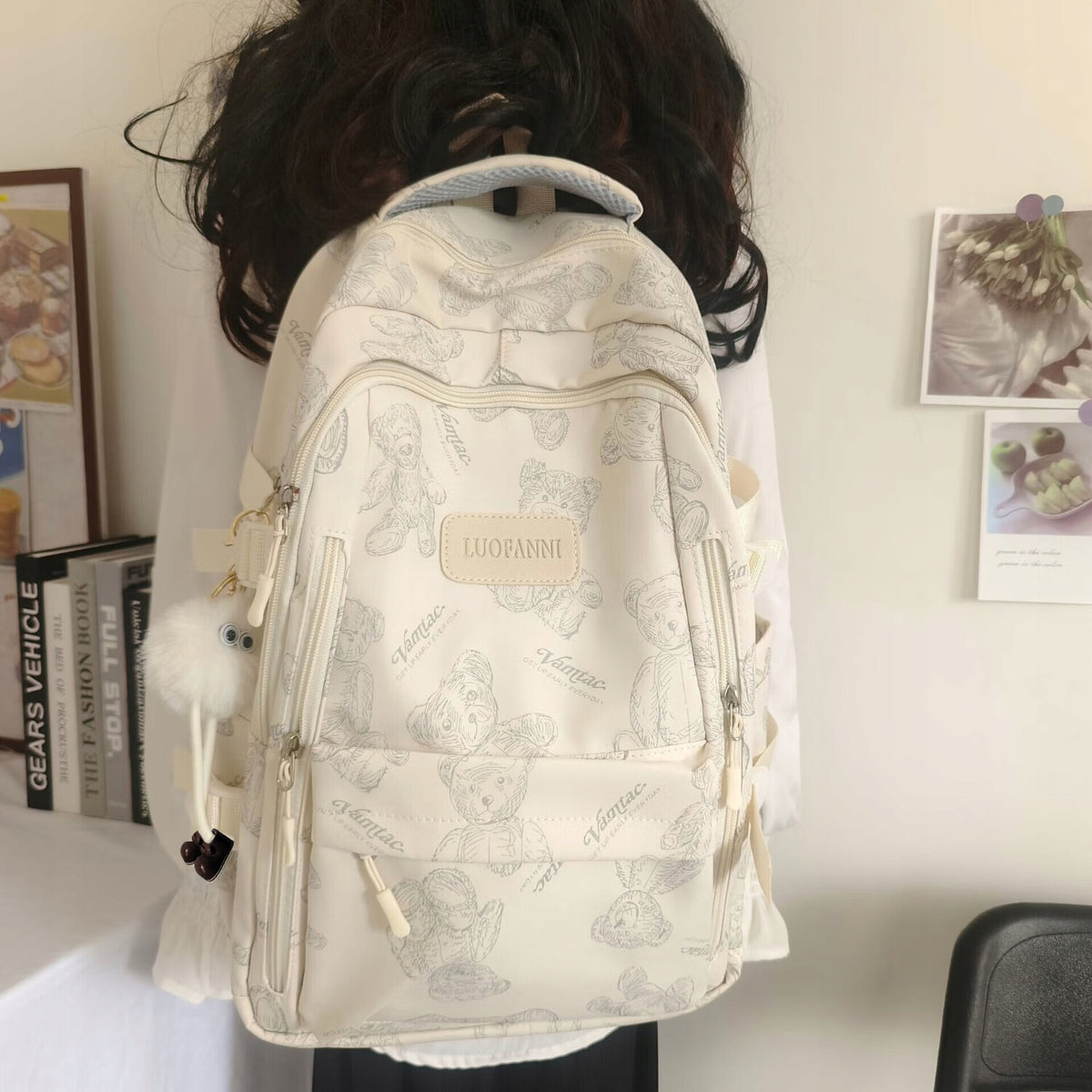 Waterproof canvas school backpack with large capacity & bear Color shades of brown and beige