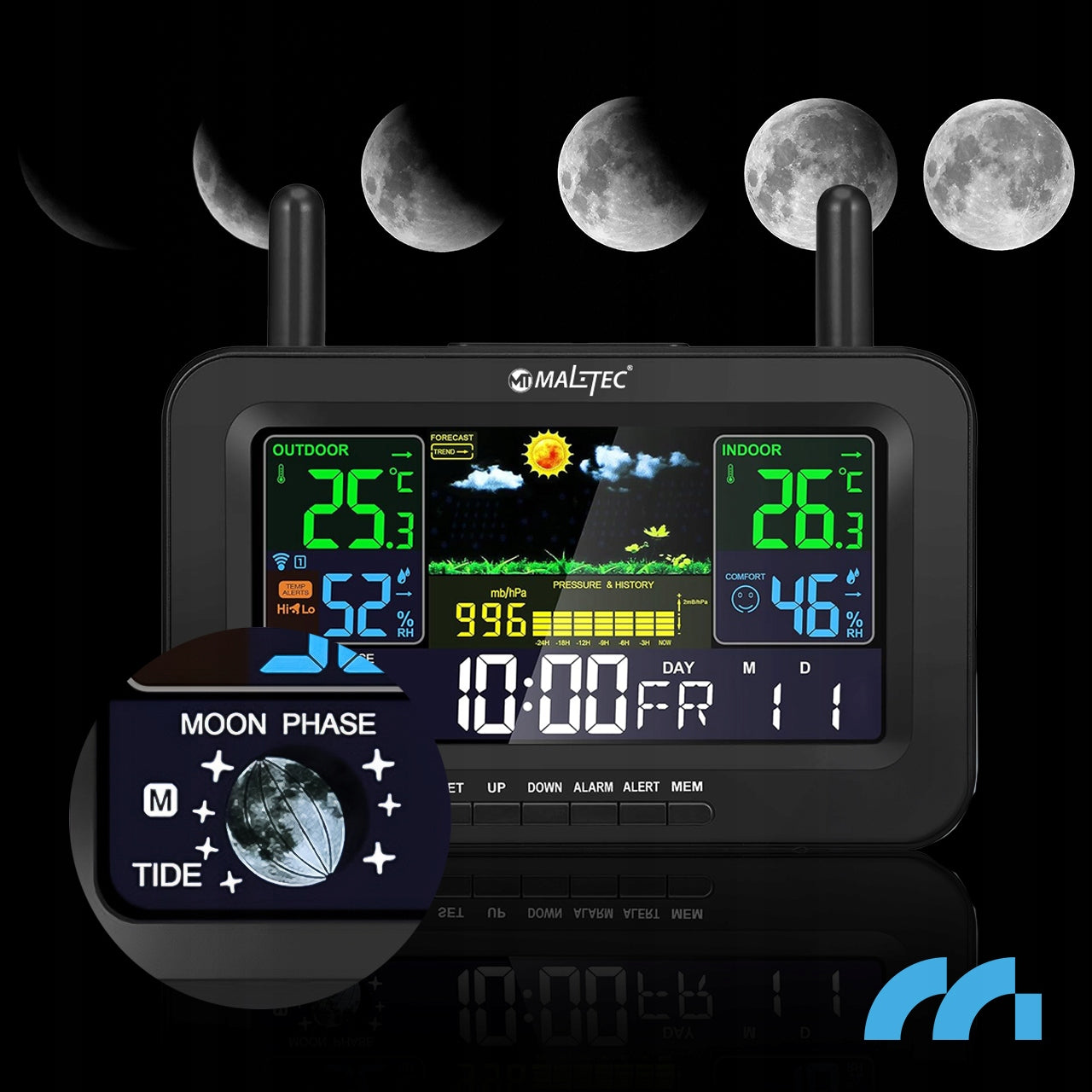 Weather Station Wireless Thermometer Barometer Outdoor Weather Sensor Functions alarm clock pressure measurement internal temperature measurement external temperature measurement humidity measurement weather forecast radio time synchronization (DCF) clock
