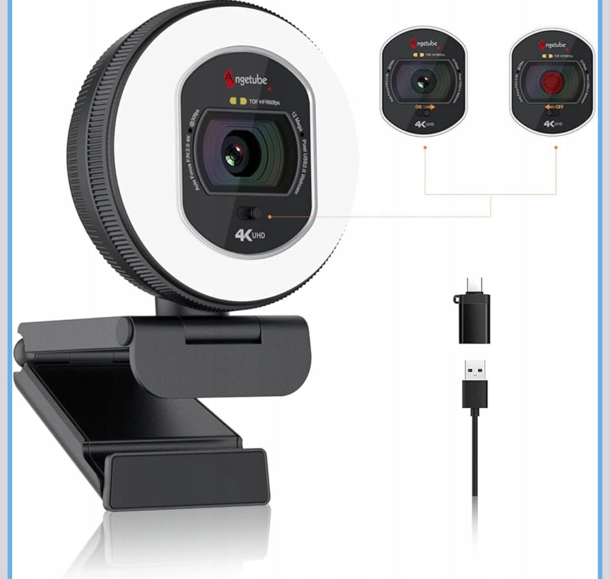 Webcam with light ring and tripod Angetube 862Pro