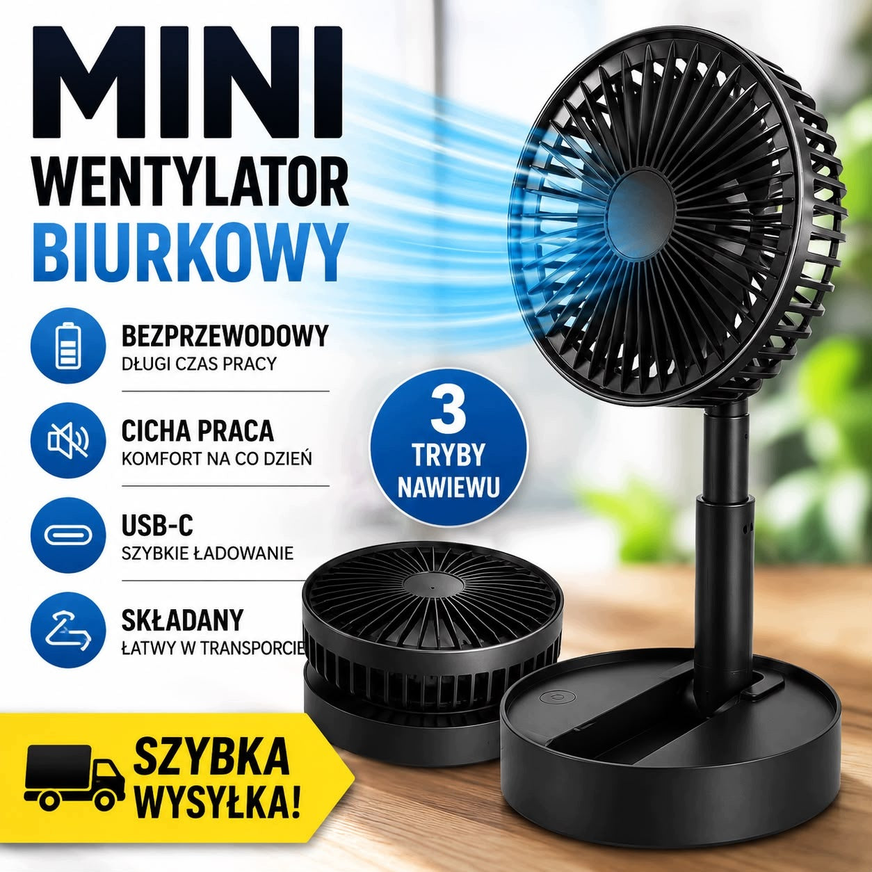 Wentylator Desk Wireless USB-C Foldable Portable Powerful 3B