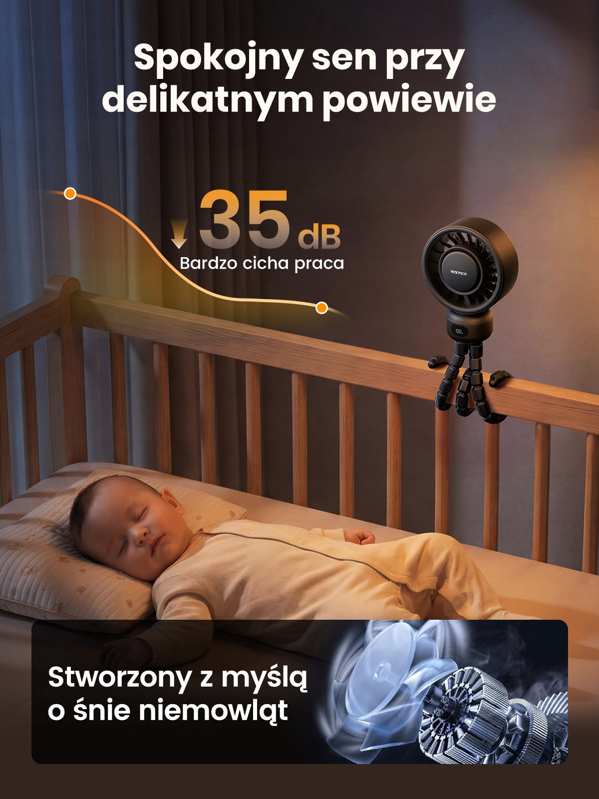 Wentylator do Wózka Warmco Ośmiornica Wiatrak Elastyczny Cichy USB 4000mAh Brand Warmco