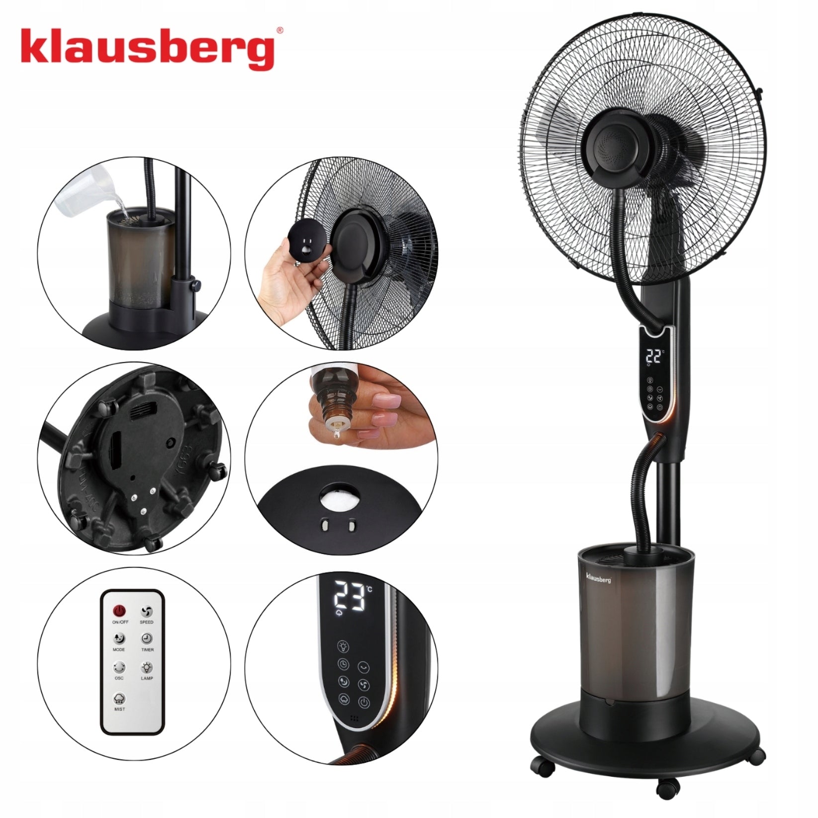 Wentylator mgiełkowy z Nawilżaczem KLAUSBERG KB-9034 16" LED 5L pilot timer Funkcje nawilżanie powietrza oscylacja oscylacja automatyczna regulacja kąta nachylenia regulacja wysokości timer