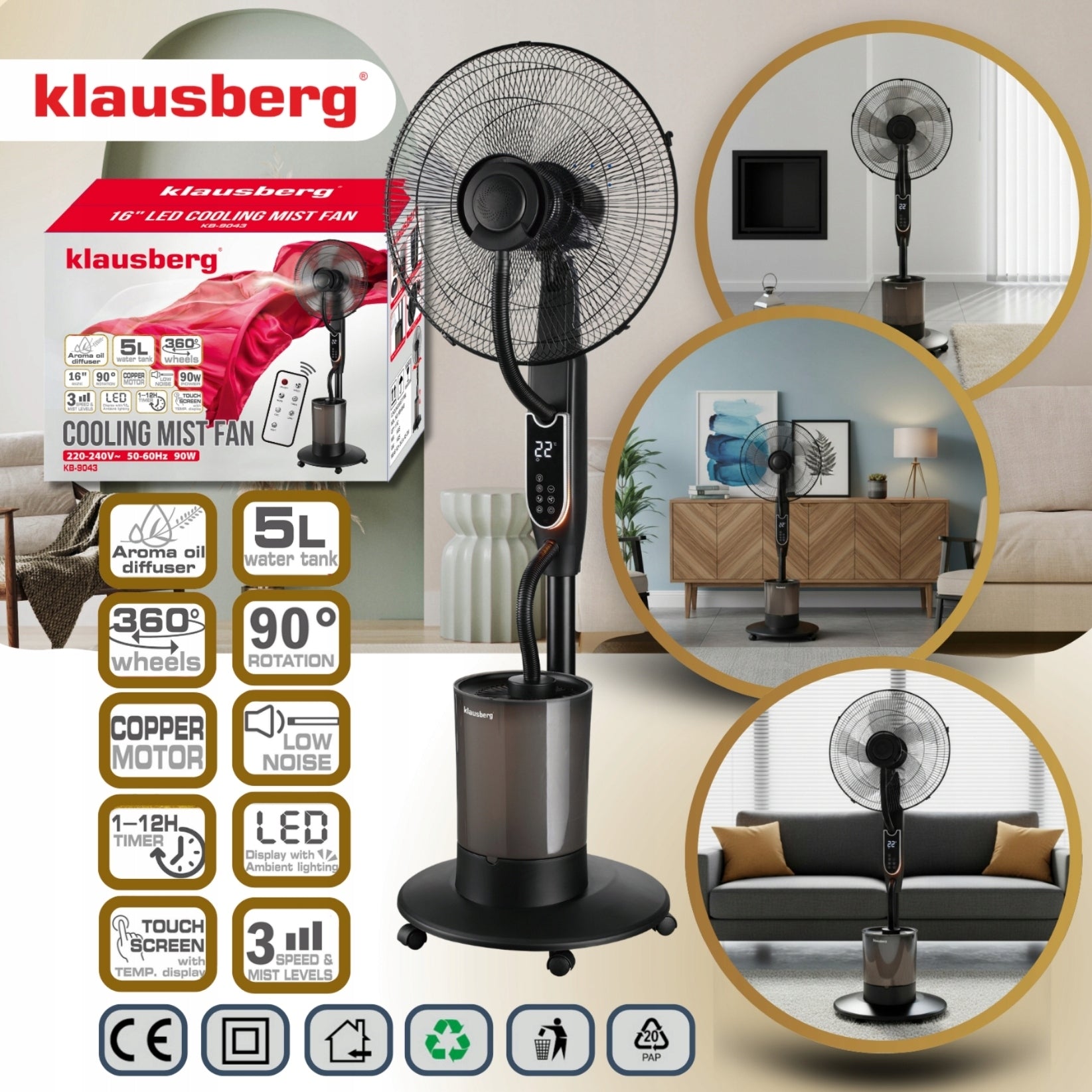 Wentylator mgiełkowy z Nawilżaczem KLAUSBERG KB-9034 16" LED 5L pilot timer Kod producenta KB-9043