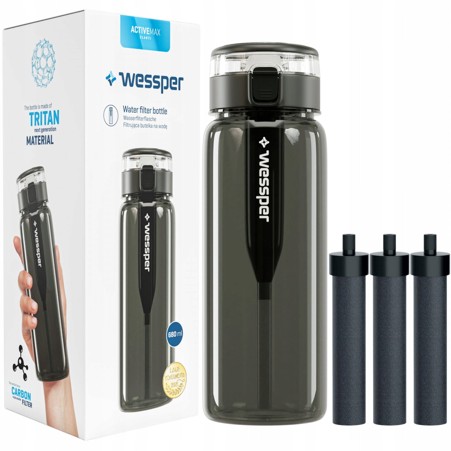 Wessper ActiveMax WES263-GR filter bottle 680ml gray 3 FILTERS