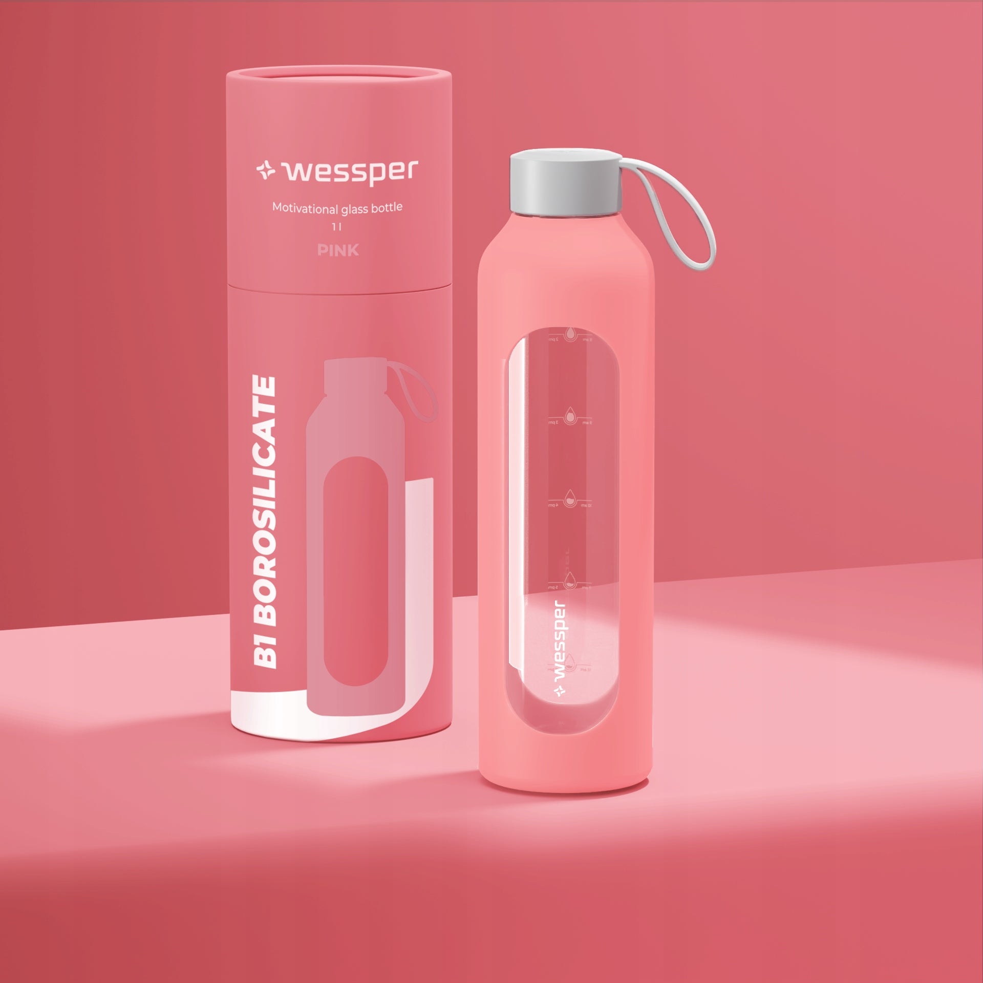 Wessper B1 glass bottle 1l airtight motivational water bottle with measuring cup Color pink
