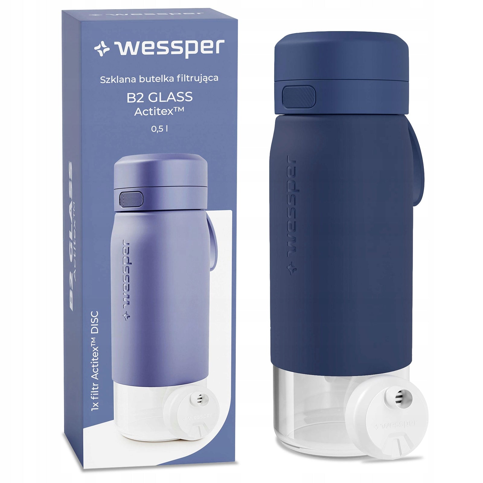 Wessper B2 Glass Filter Bottle 0,5L Blue With Filter Packaging status original