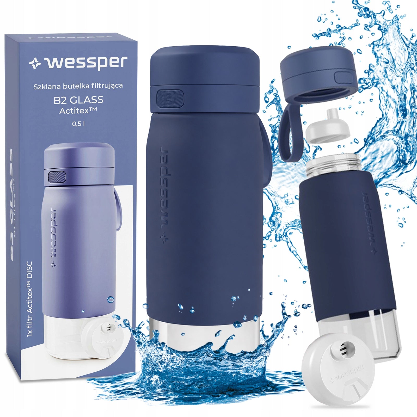 Wessper B2 Glass Filter Bottle 0,5L Blue With Filter