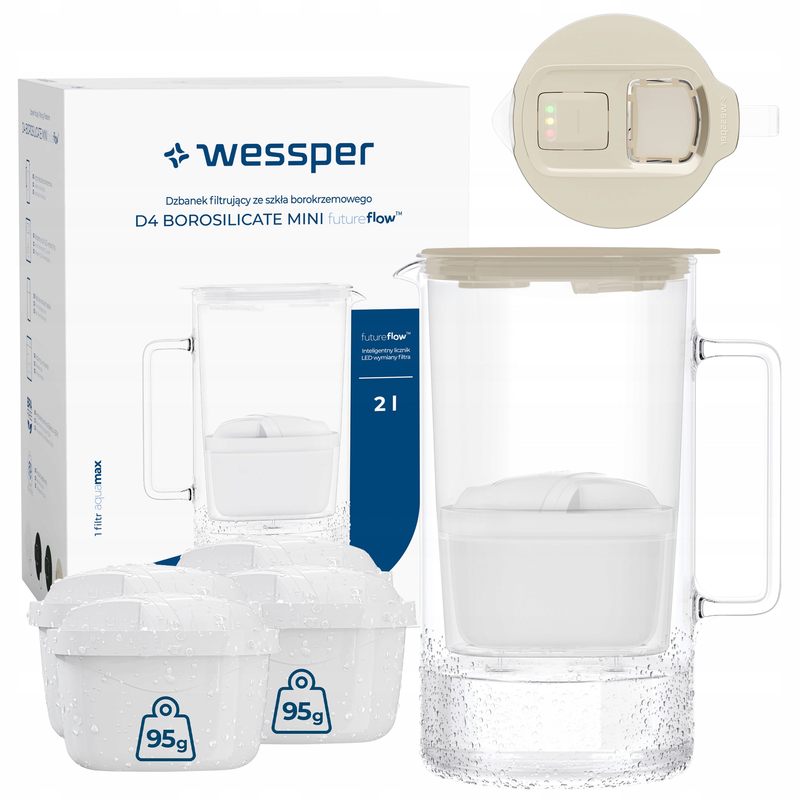 Wessper D4 BOROSILICATE MINI glass filter jug 2l + 5x filter