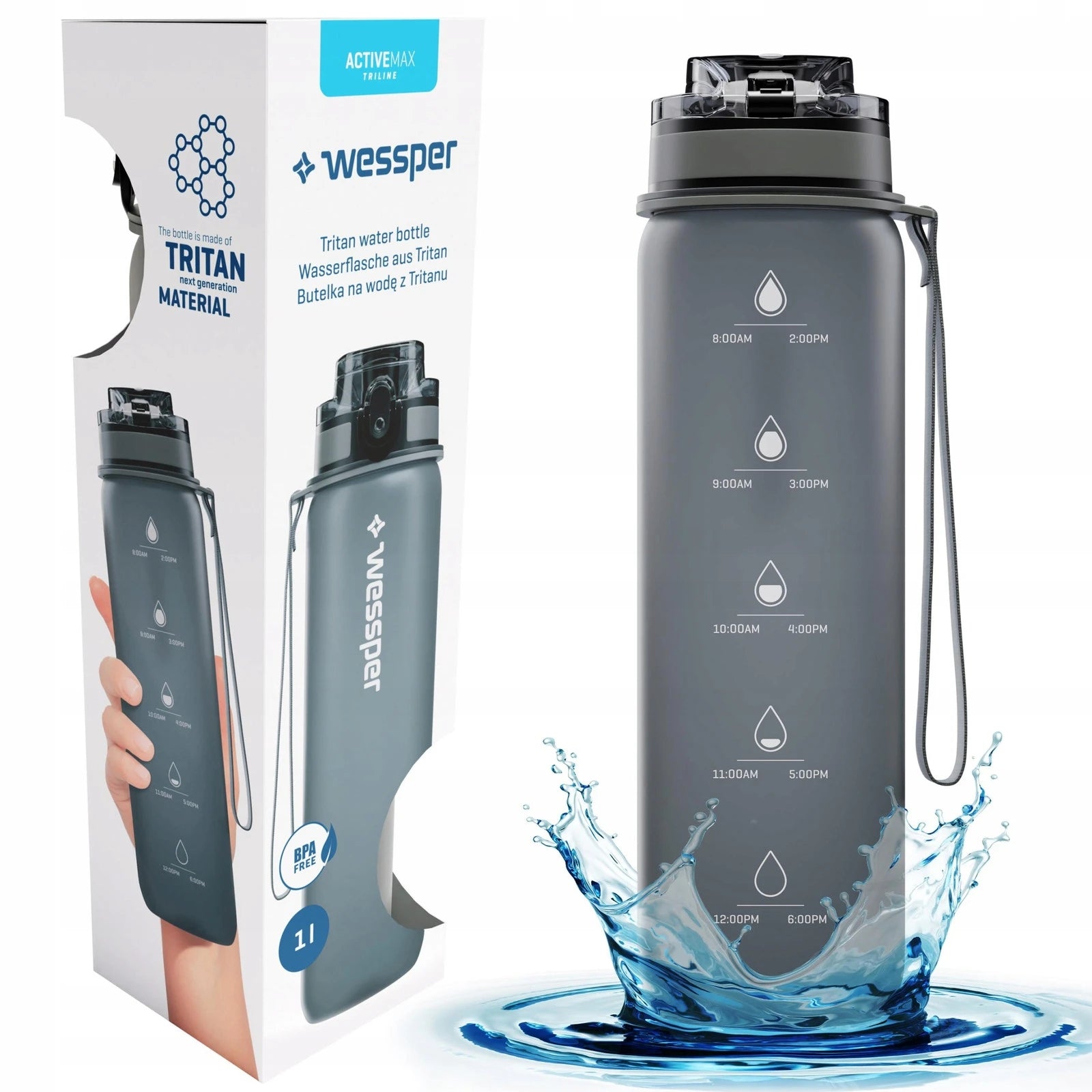 Wessper Tritan bottle with measuring cup ACTIVEMAX TRILINE with filtration 1000ml
