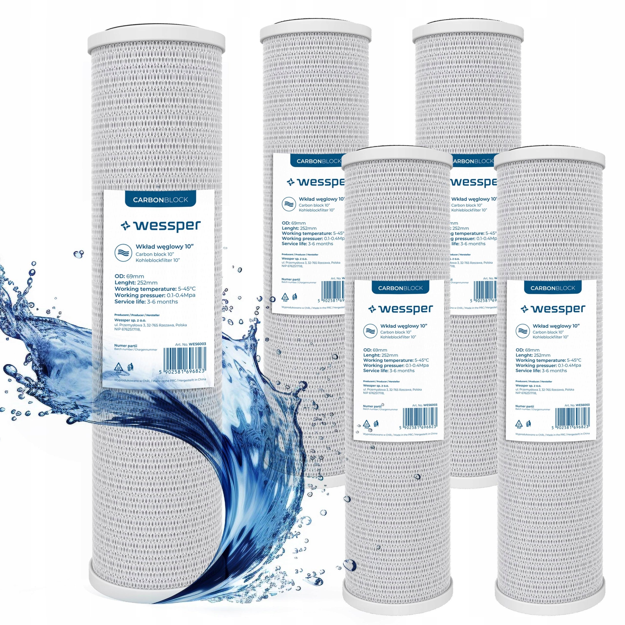 Wessper carbon water filter filtration 10" preliminary 5 micron 5 pieces