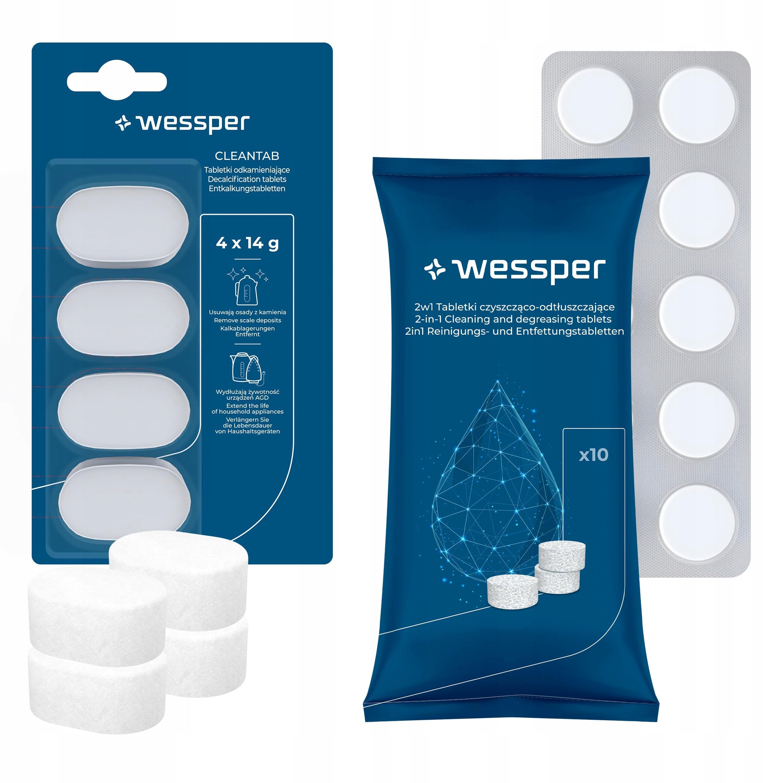 Wessper tablets for cleaning, degreasing and descaling machine
