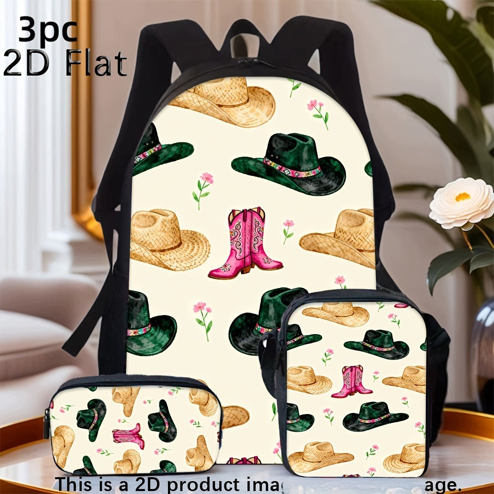 Western Cowboy Hat Floral Print 3-Piece Backpack Set with Pencil Case