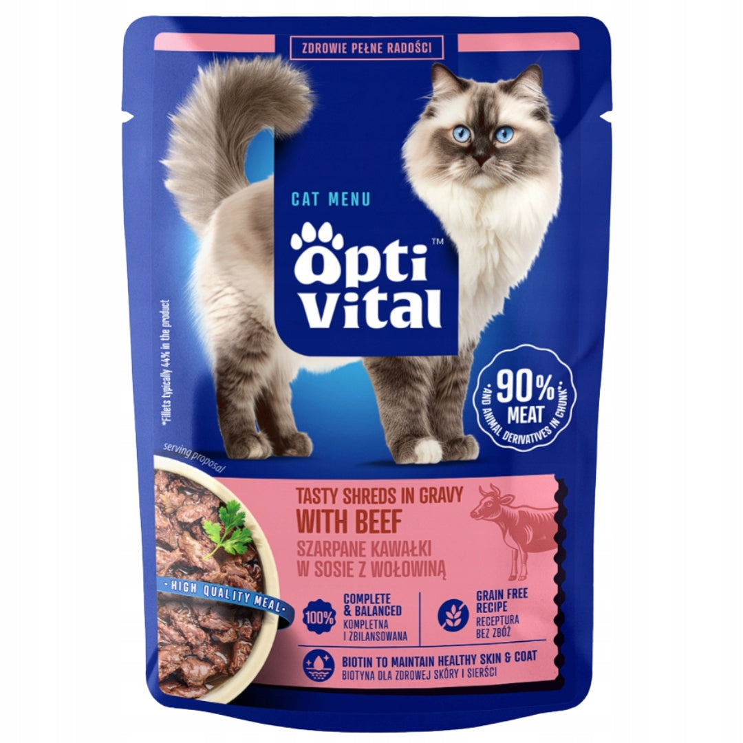 Wet Cat Food Sachet Optivital Ripped Pieces With Beef 85g