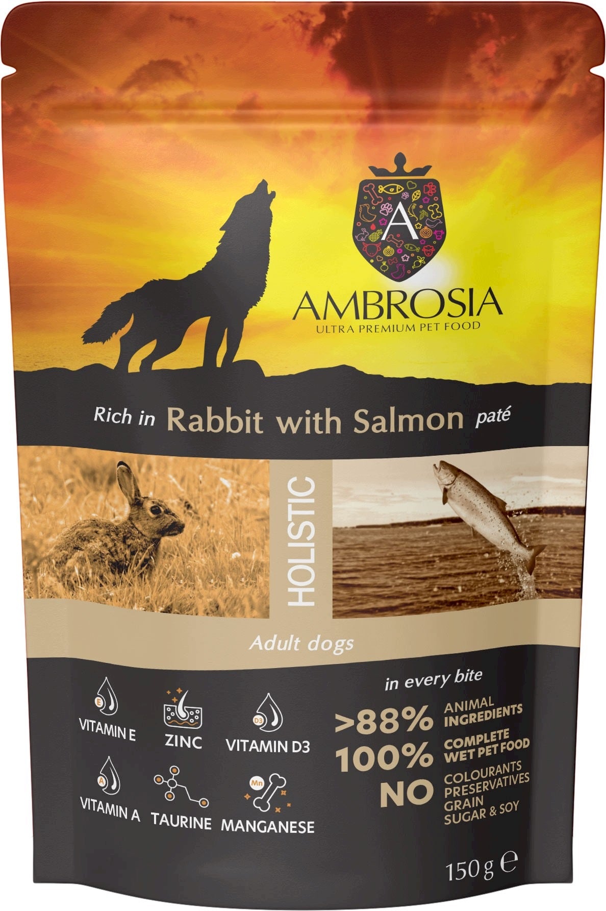Wet Dog Food AMBROSIA Adult Rabbit Salmon Paté Rabbit and Salmon 150g