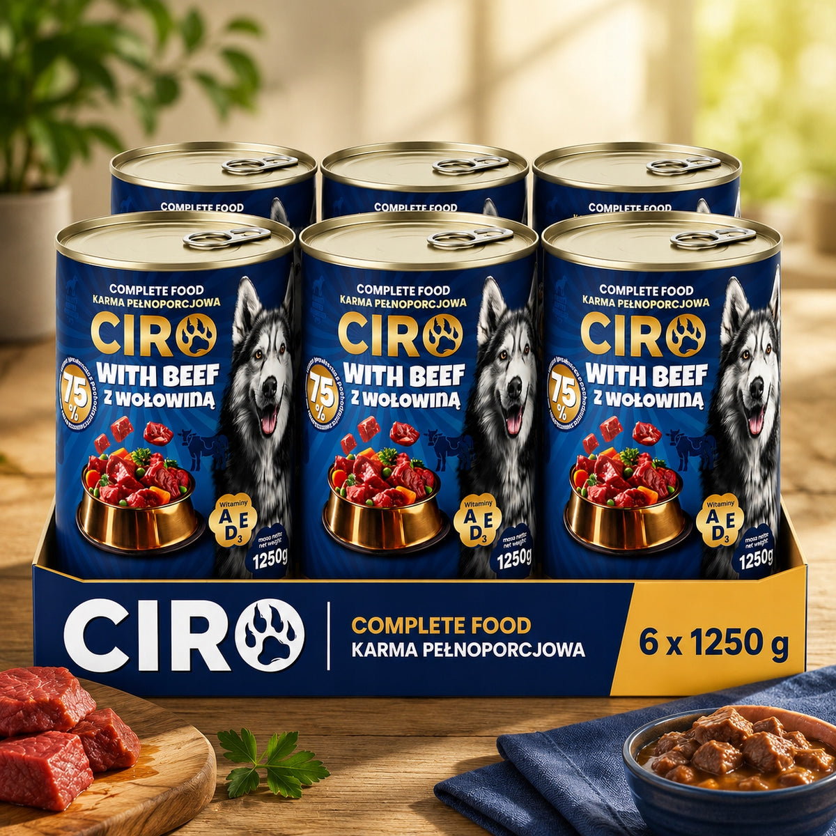 Wet Dog Food MEAT PIECES IN SAUCE 6x1250G 75% BEEF Packaging status original