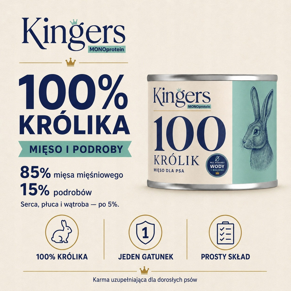 Wet Dog Food Rabbit 100% Grain Free Monoprotein KINGERS 400 g Packaging status original