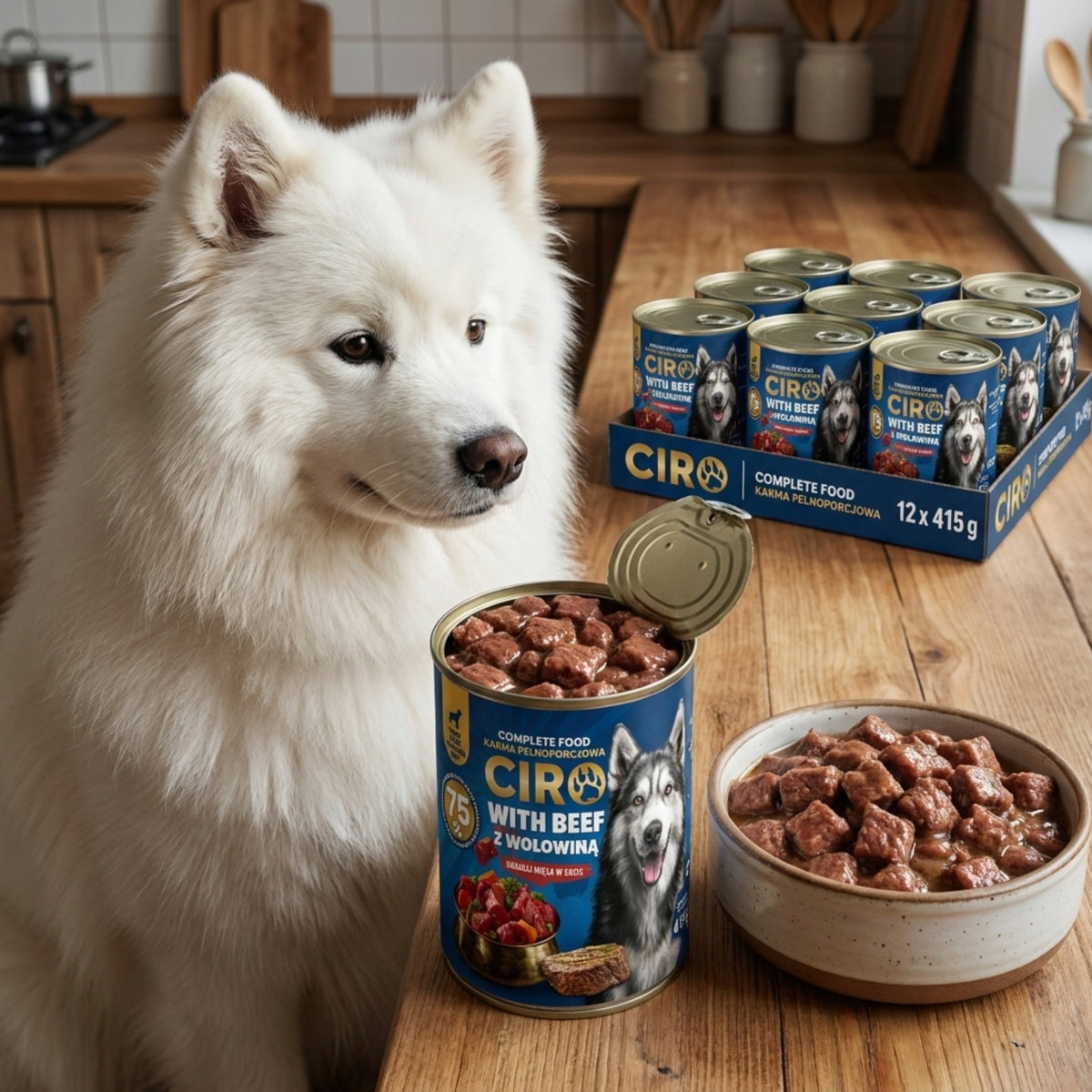 Wet Food for Dogs MEAT PIECES IN SAUCE 12x415G Can 75% BEEF Packaging status original