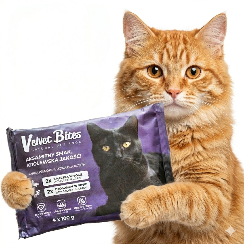 Wet cat food 40×100g Sachets with duck and salmon in grain-free sauce Manufacturer code Kot Velvet