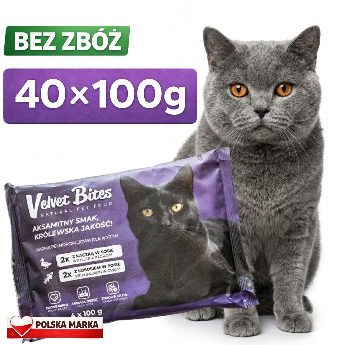 Wet cat food 40×100g Sachets with duck and salmon in grain-free sauce Packaging status original