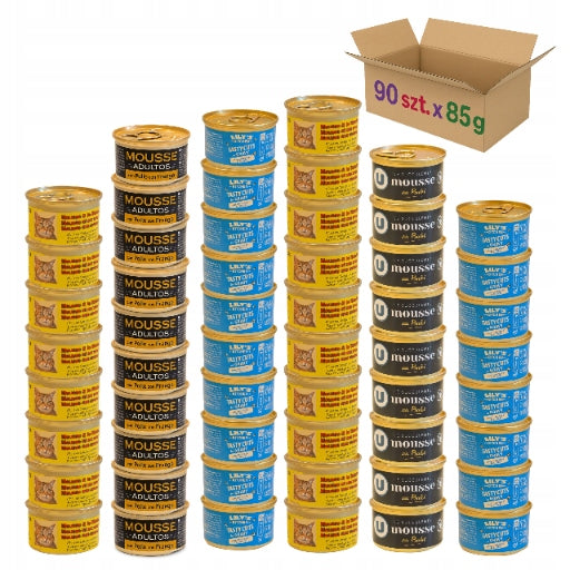 Wet cat food MIX flavors Pack of 90 x 85 g mousse cans Brand no brand