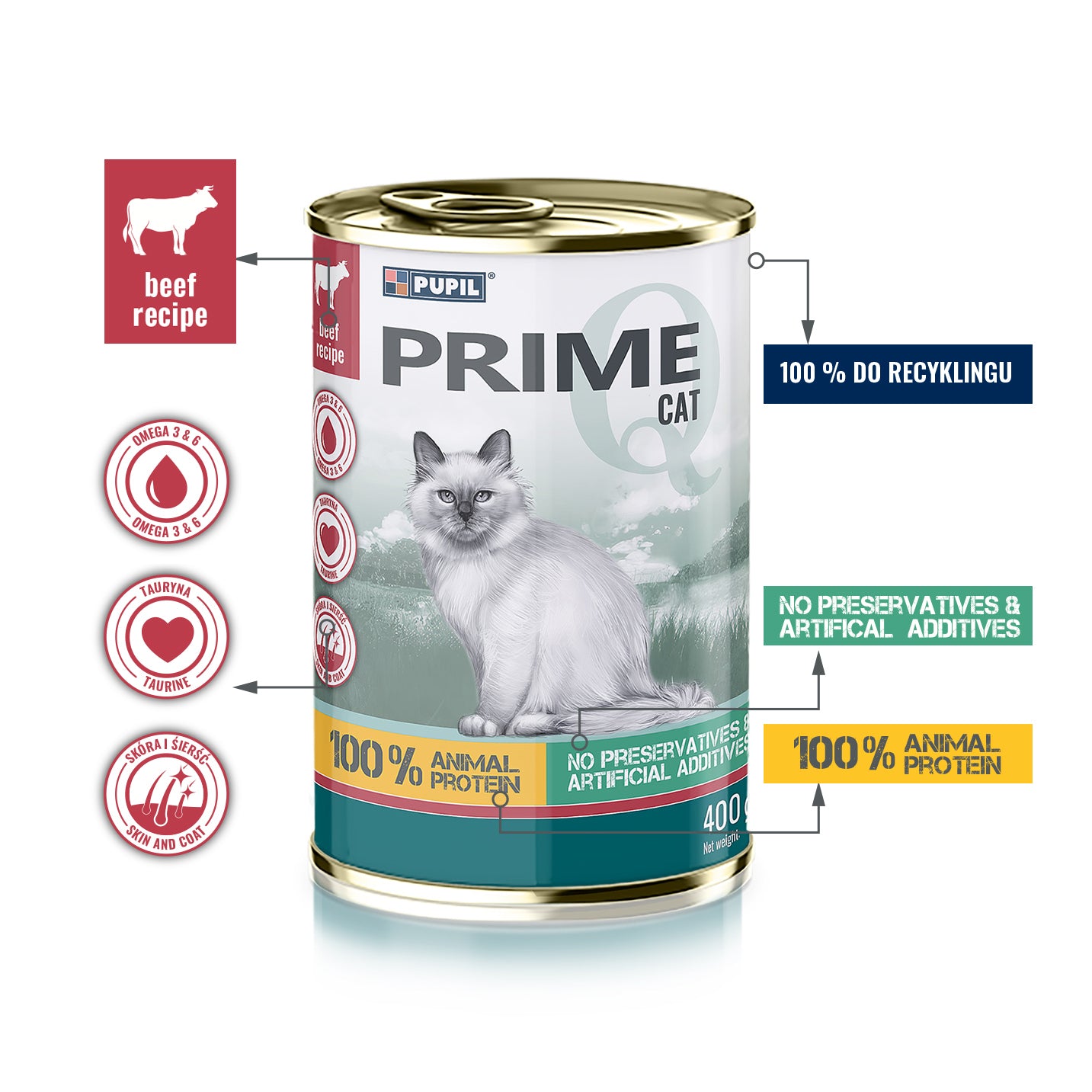 Wet cat food PUPIL Prime rich in beef with liver 400 g Brand PUPIL