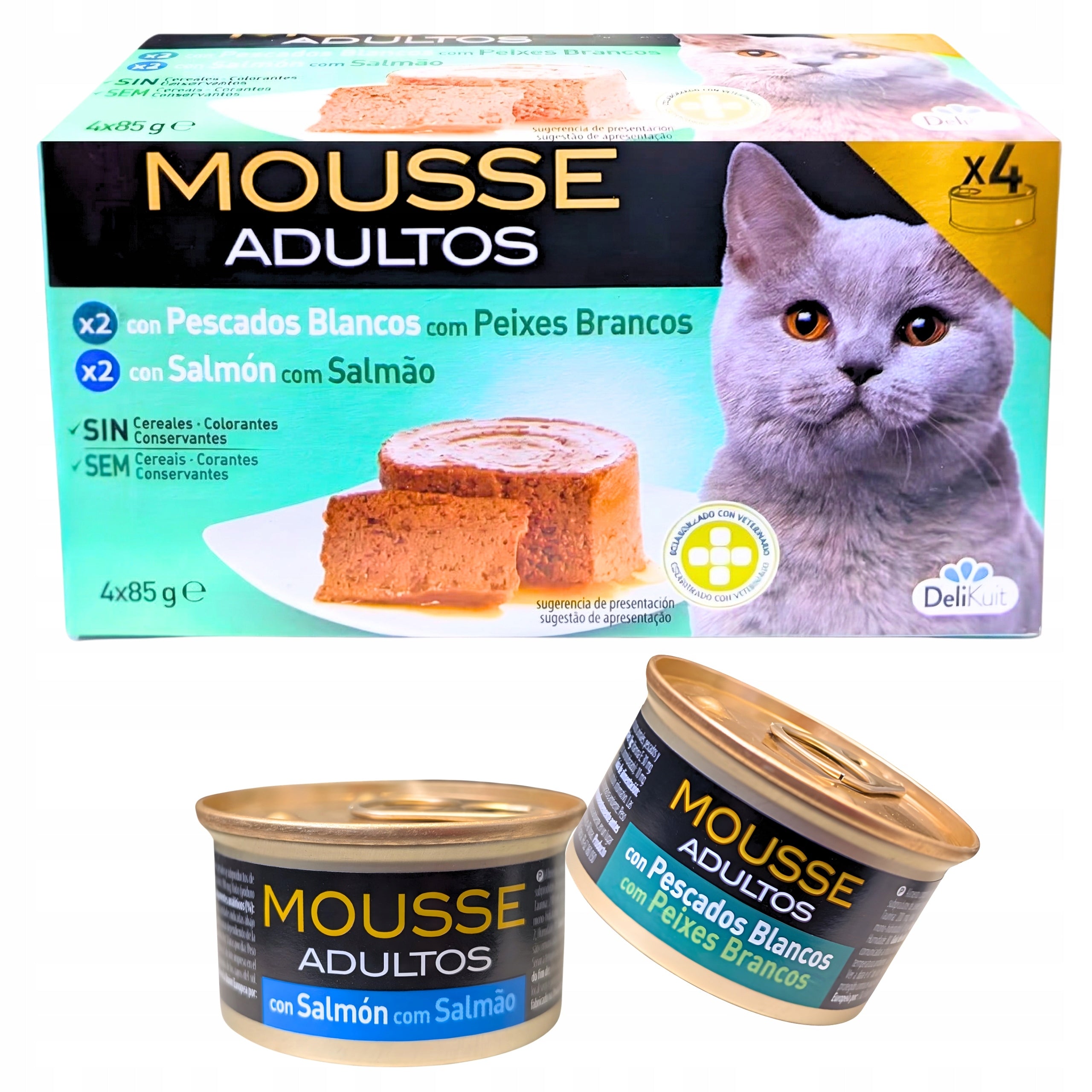 Wet cat food mousse 4 x 85g adult cats fish flavors delicate mousses