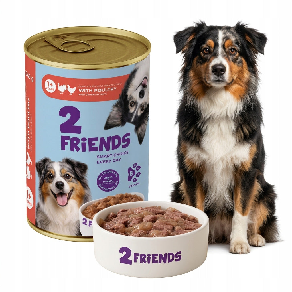 Wet dog food 2 Friends poultry 71% meat pieces in sauce can 1240g