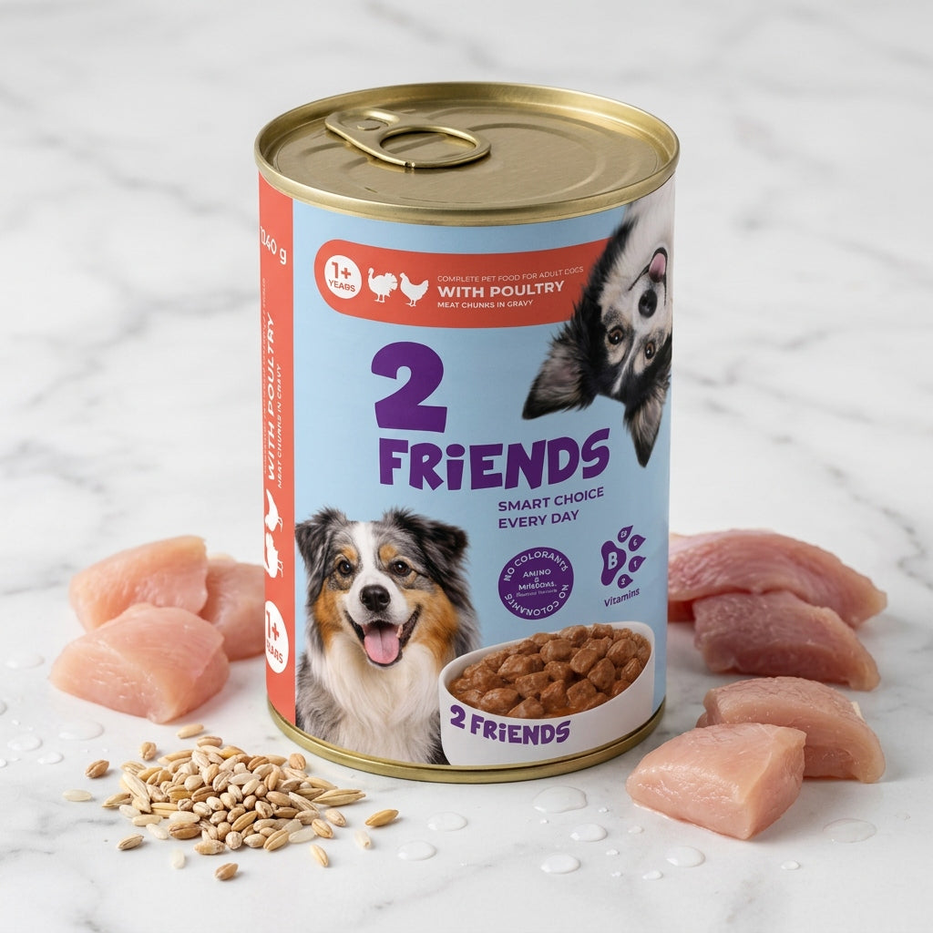 Wet dog food 2 Friends poultry 71% meat pieces sauce 5x1240g + 1 Freebie Packaging status original