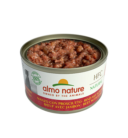Wet dog food Almo Nature HFC Natural BEEF AND HAM - can - 95g Packaging status original