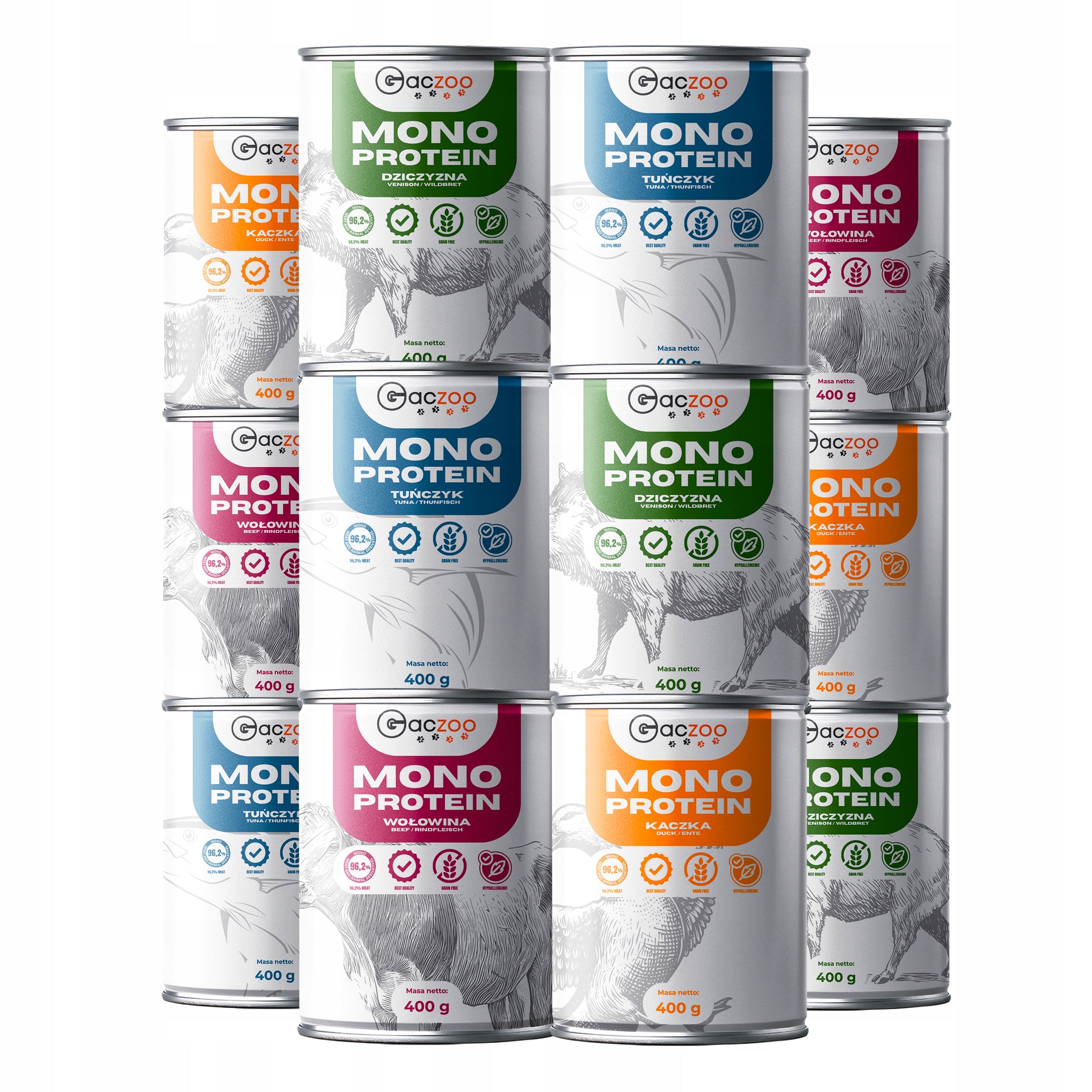 Wet dog food GACZOO MONO PROTEIN Mix of flavors 12 x 400g hypoallergenic
