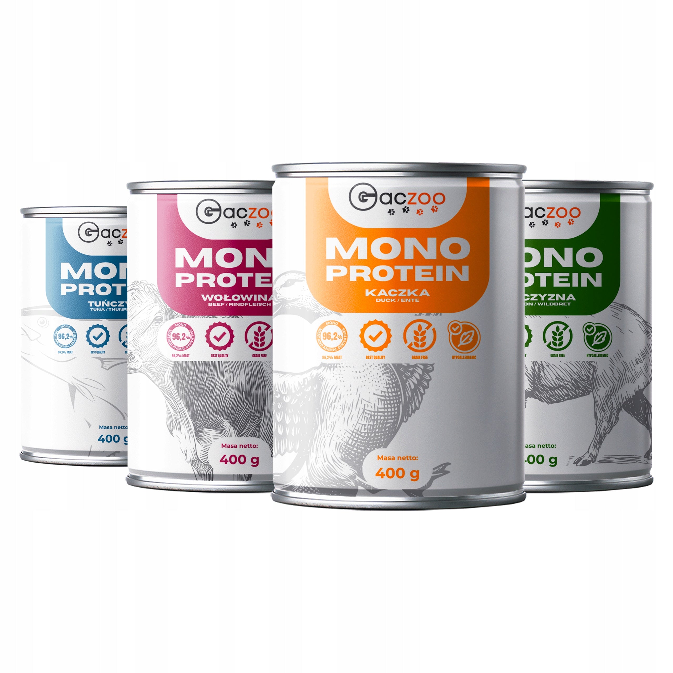 Wet dog food GACZOO MONO PROTEIN Mix of flavors 4 x 400g hypoallergenic