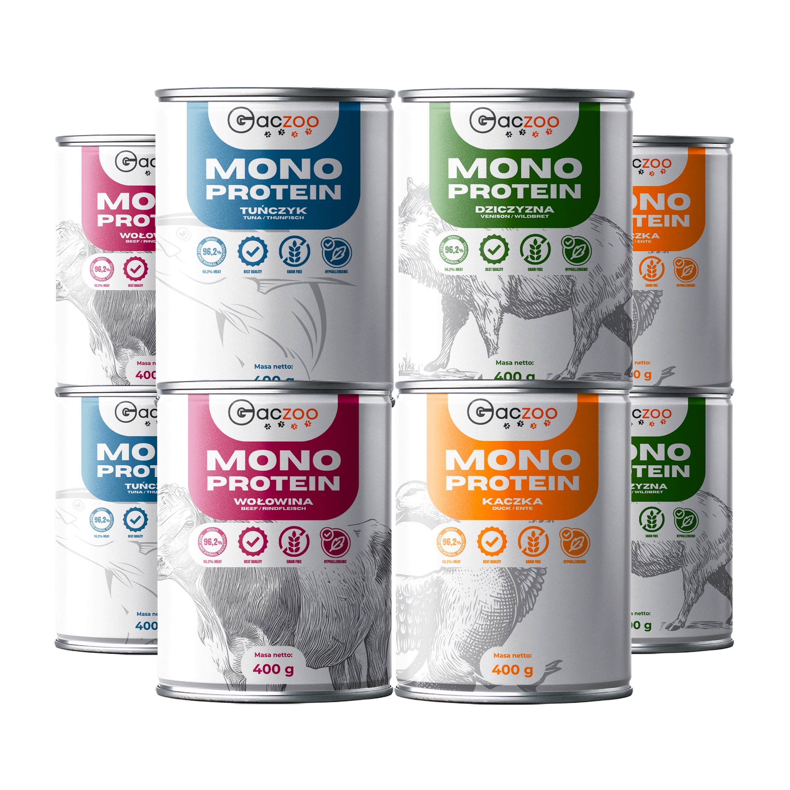 Wet dog food GACZOO MONO PROTEIN Mix of flavors 8 x 400g hypoallergenic