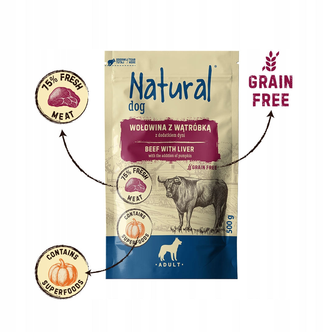 Wet dog food NATURAL beef with pumpkin liver 500 g sachet Brand Natural