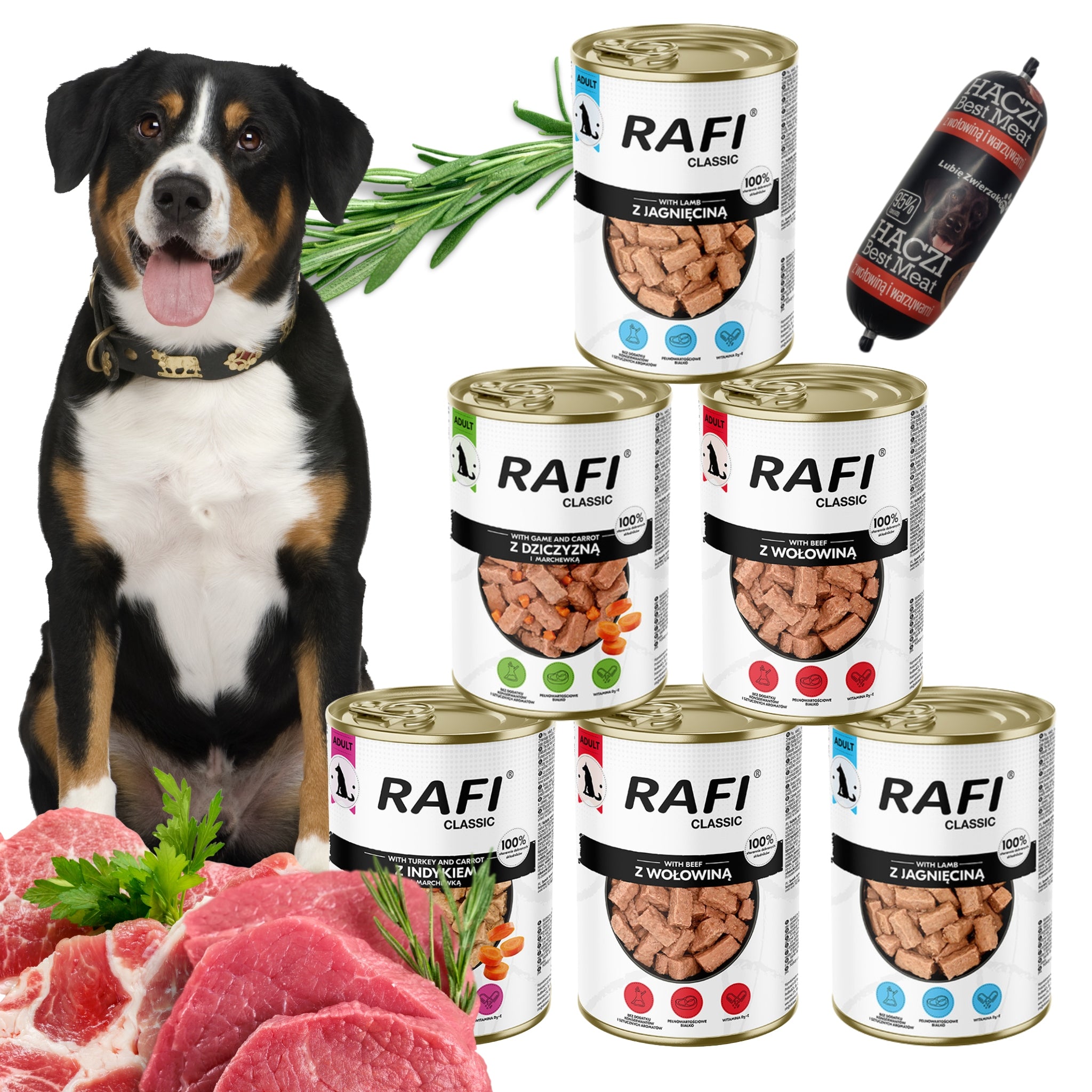 Wet dog food can Rafi Classic mix 1240g - 18 pieces + HACZI bar