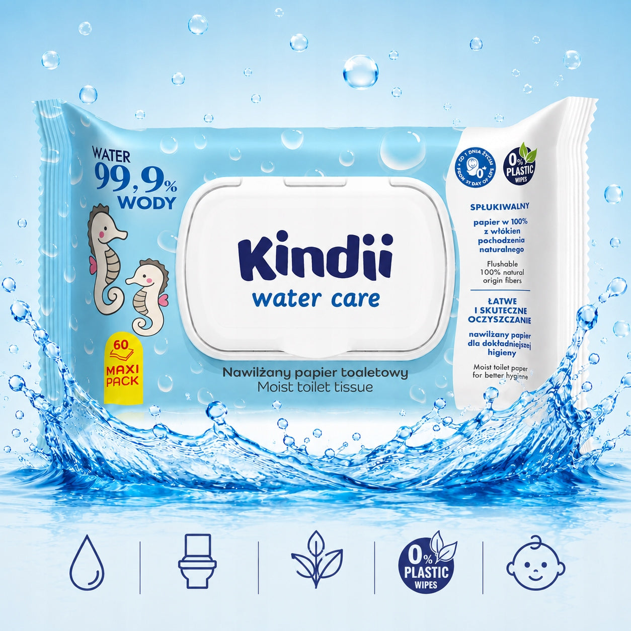 Wet paper Kindii Water Care for children 99,9% water 60 pcs. Brand Kindii