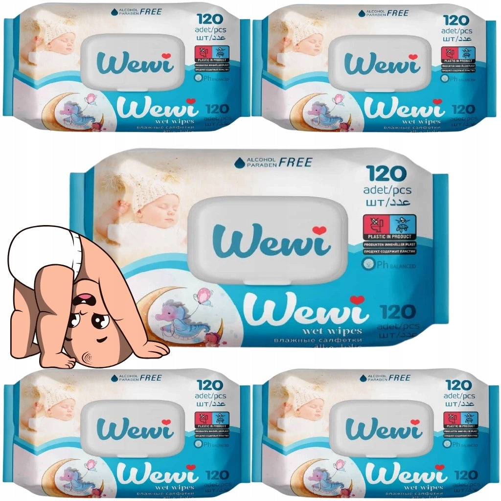 Wet wipes Wewi 5x 120 pieces for children, without alcohol and parabens