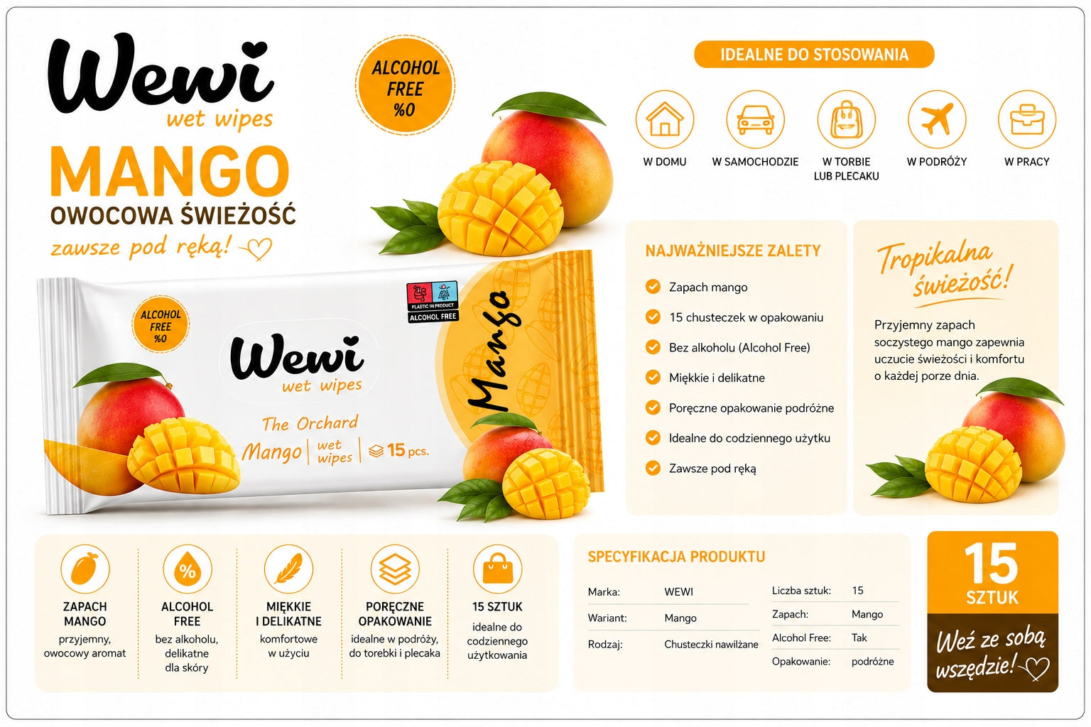 Wet wipes Wewi with Mango scent 15pcs per pack Manufacturer code 8683210421616