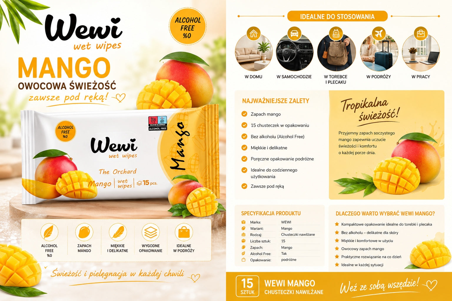 Wet wipes Wewi with Mango scent 15pcs per pack Packaging status original
