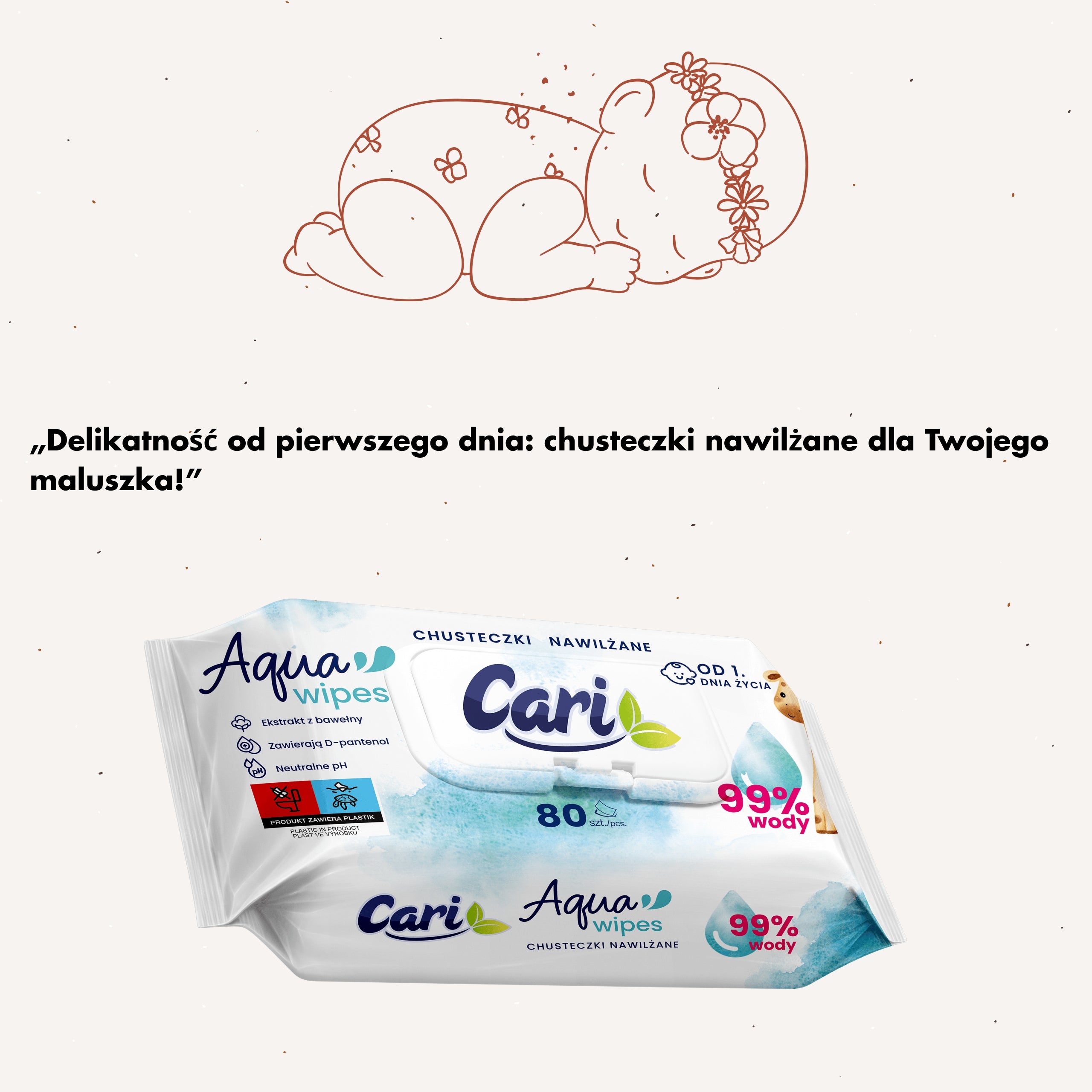 Wet wipes for children from 1 day Cari Aqua Wipes 99% 80 pcs Brand Cari