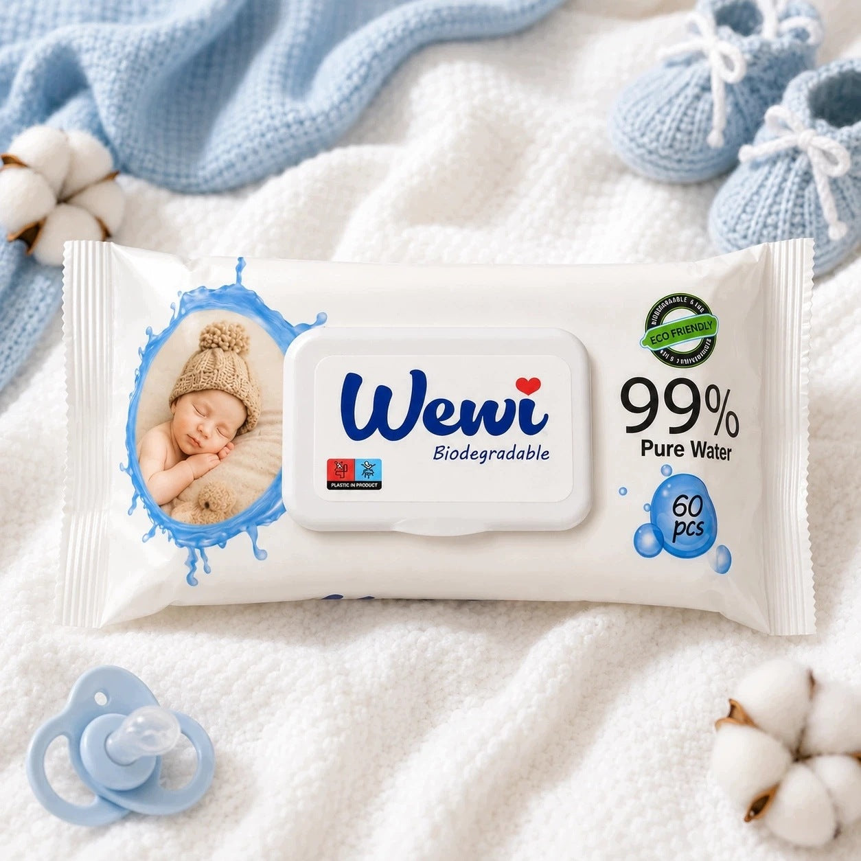 Wet wipes water 99% water Wewi 60 pcs biodegradable for children Manufacturer of a medical device ariya