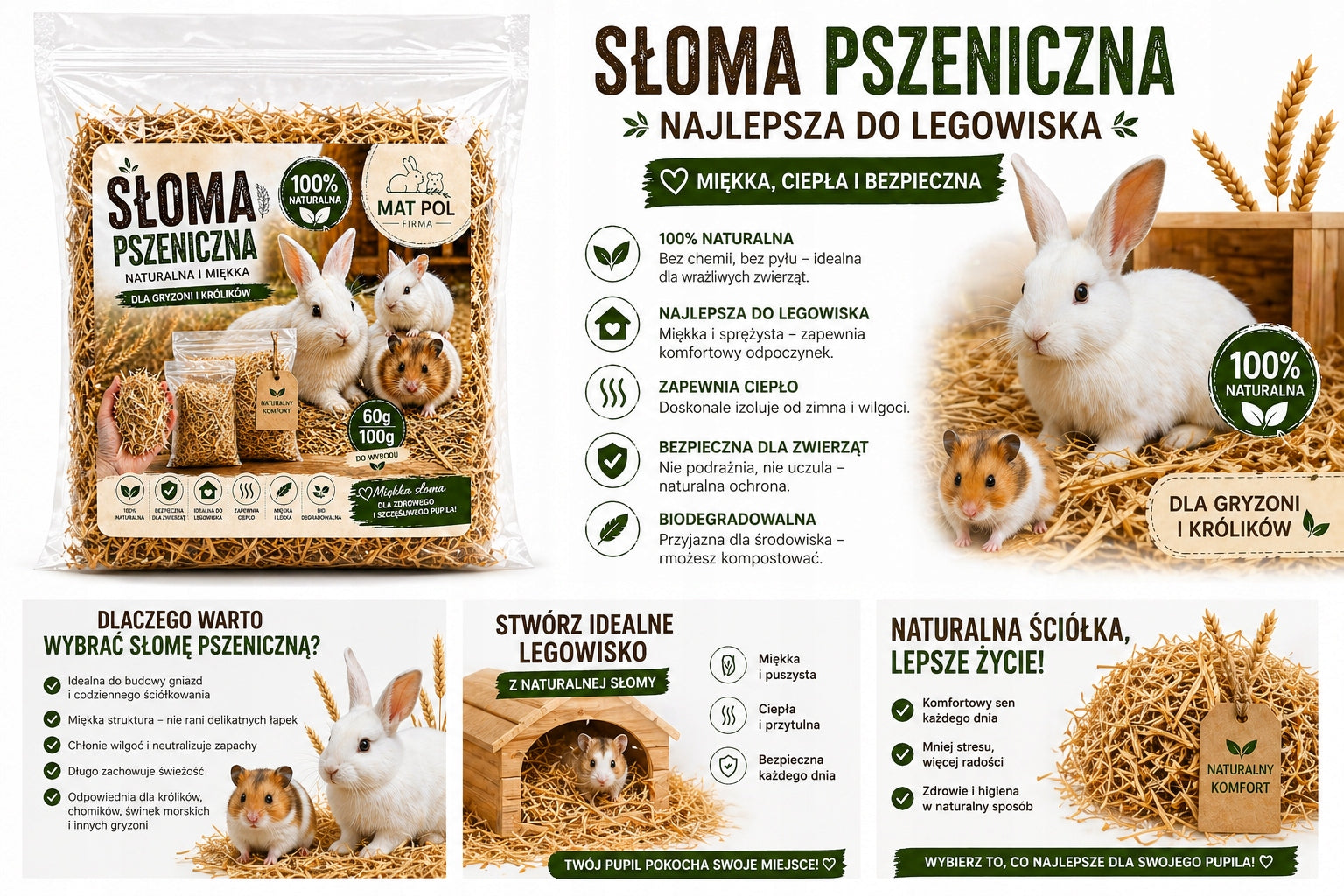 Wheat straw for rabbits and rodents 100% mulch soft bed 100g Volume 30 l