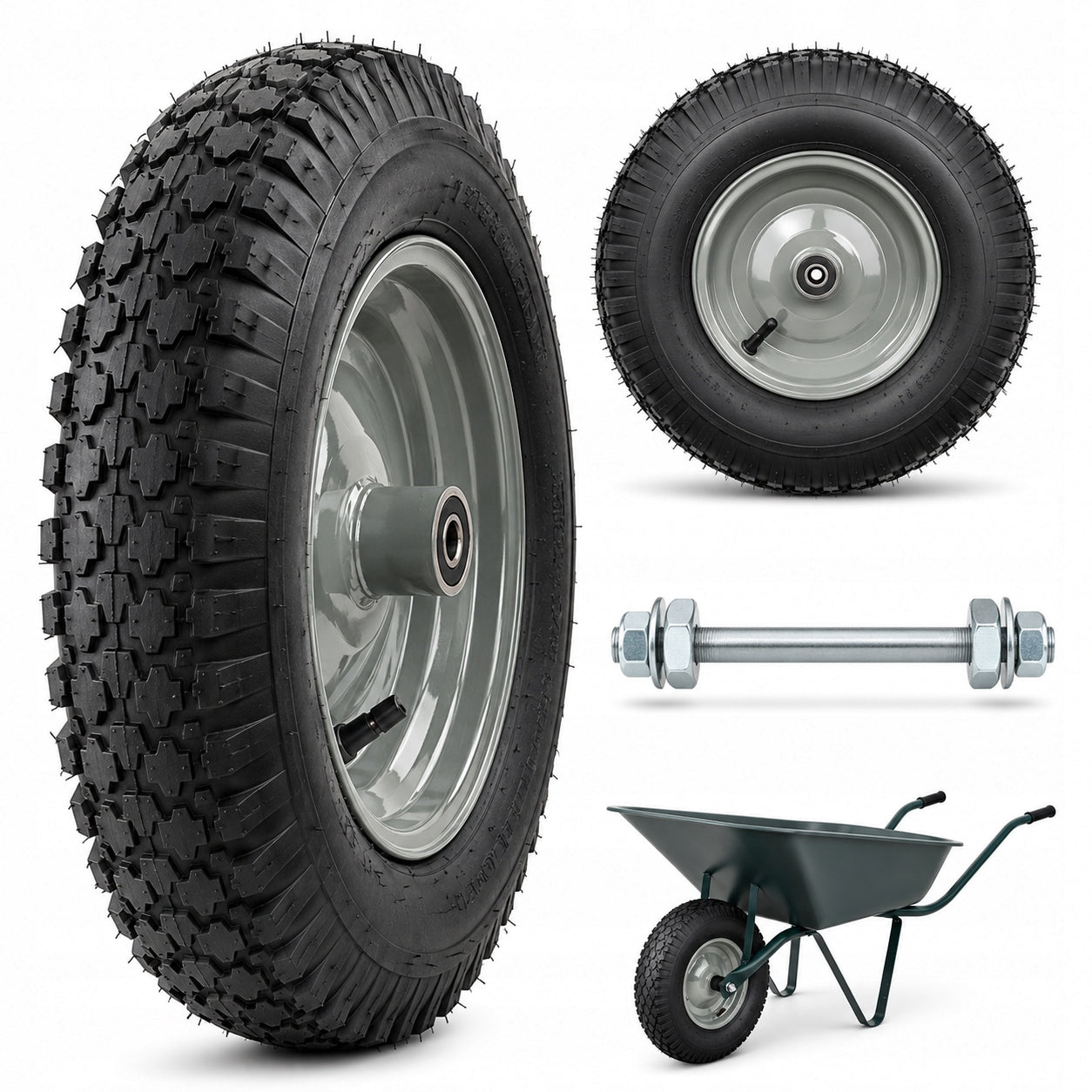 Wheel CIRCLE 4.80/4.00-8 8PR Pumped + AXLE 12x150 mm | Strong 8 Fibers Manufacturer code Koło do taczki 4.80/4.00-8 8PR + OŚ 12x100 mm