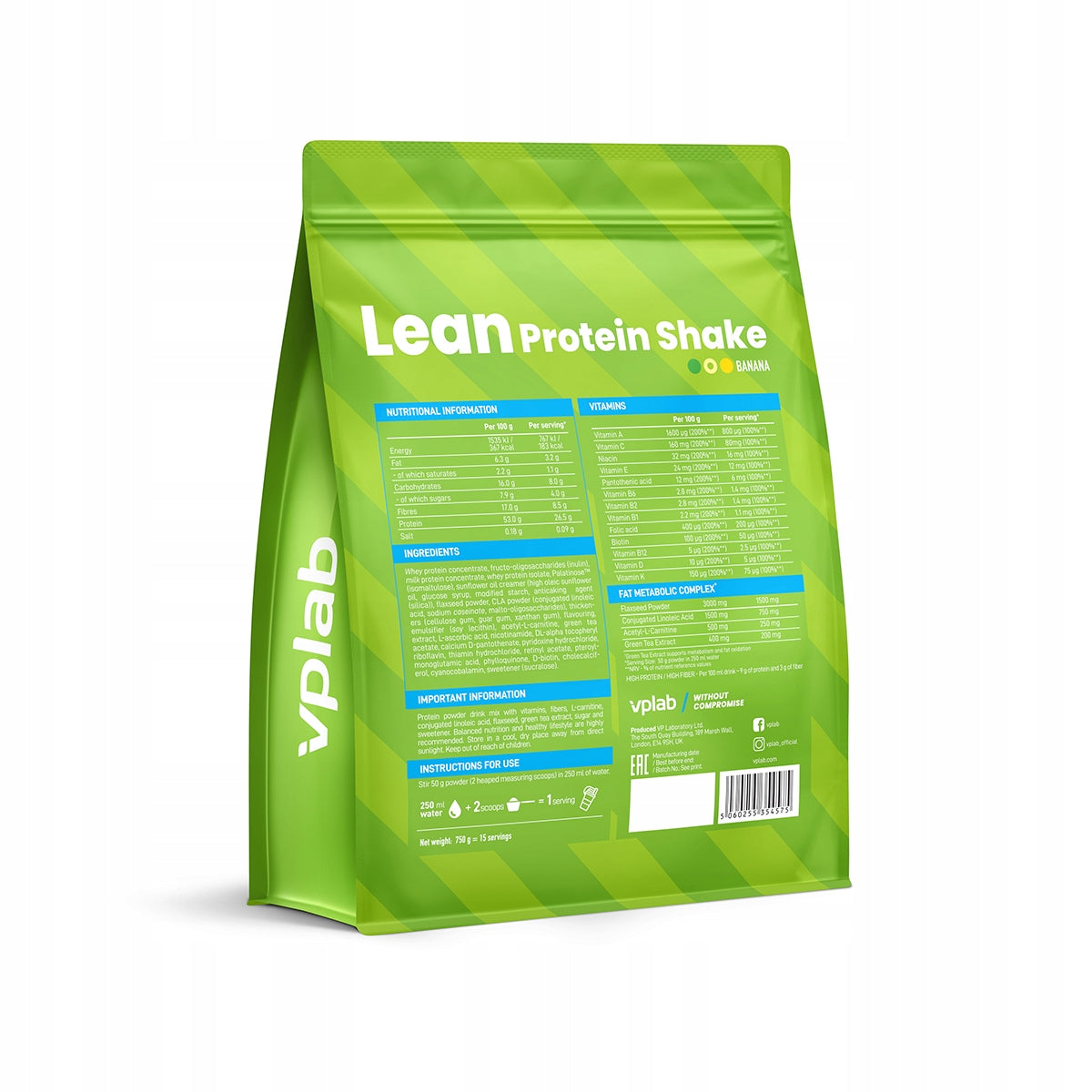 Whey Protein Blend, Lean Protein Shake VPLab Banana 750 g 15 Servings Manufacturer code VP54575