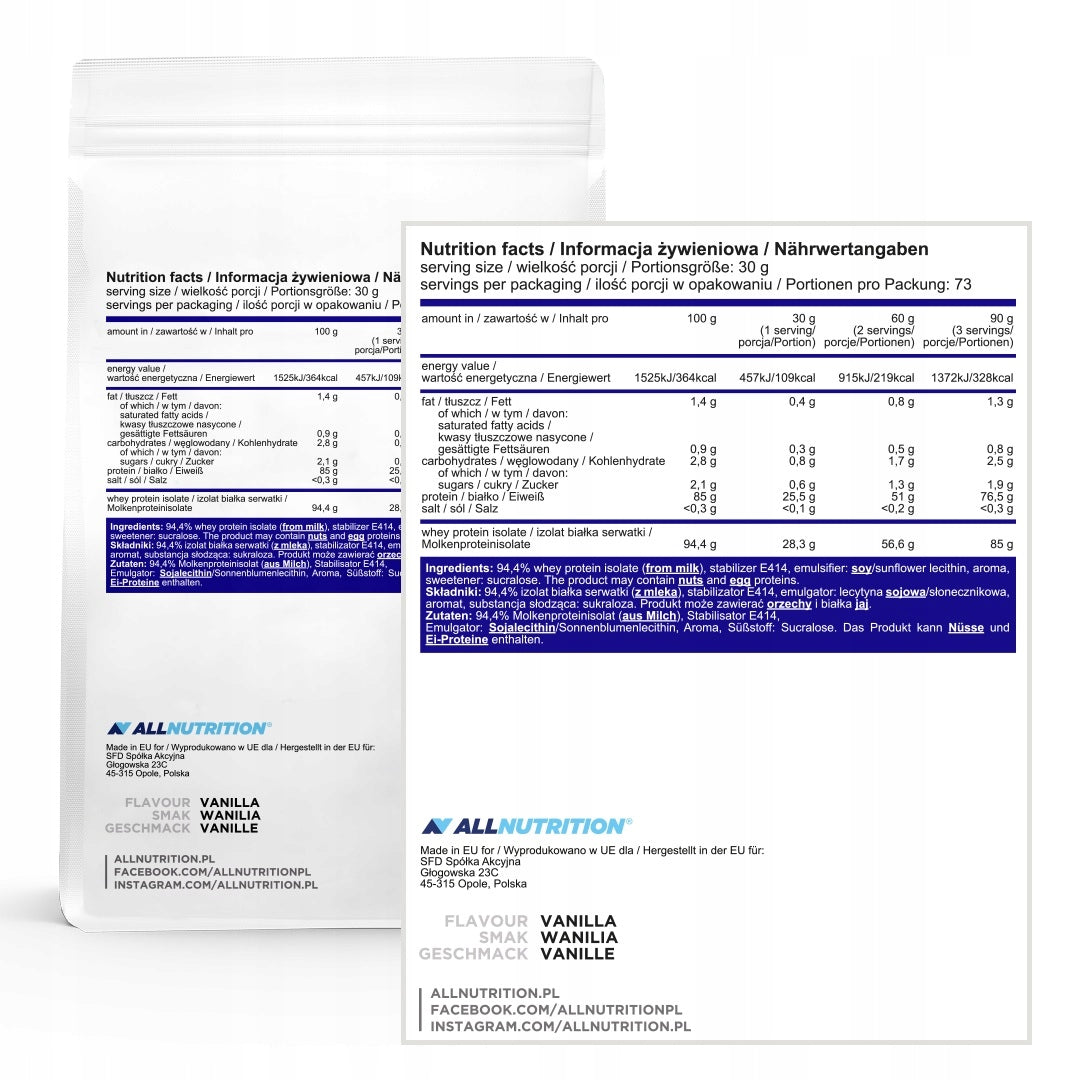 Whey Protein Isolate Allnutrition Vanilla Aspartame Free Gluten Free Expiration date at least 1 year from the date of purchase