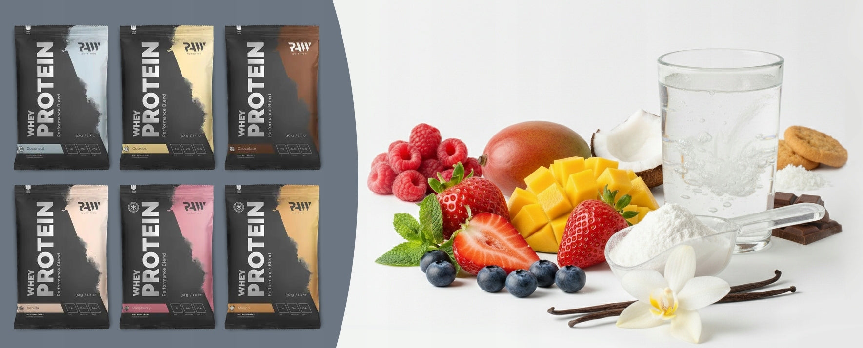 Whey protein RAW NUTRITION Whey protein supplement SAMPLE chocolate 30g Expiration date at least 1 year from the date of purchase