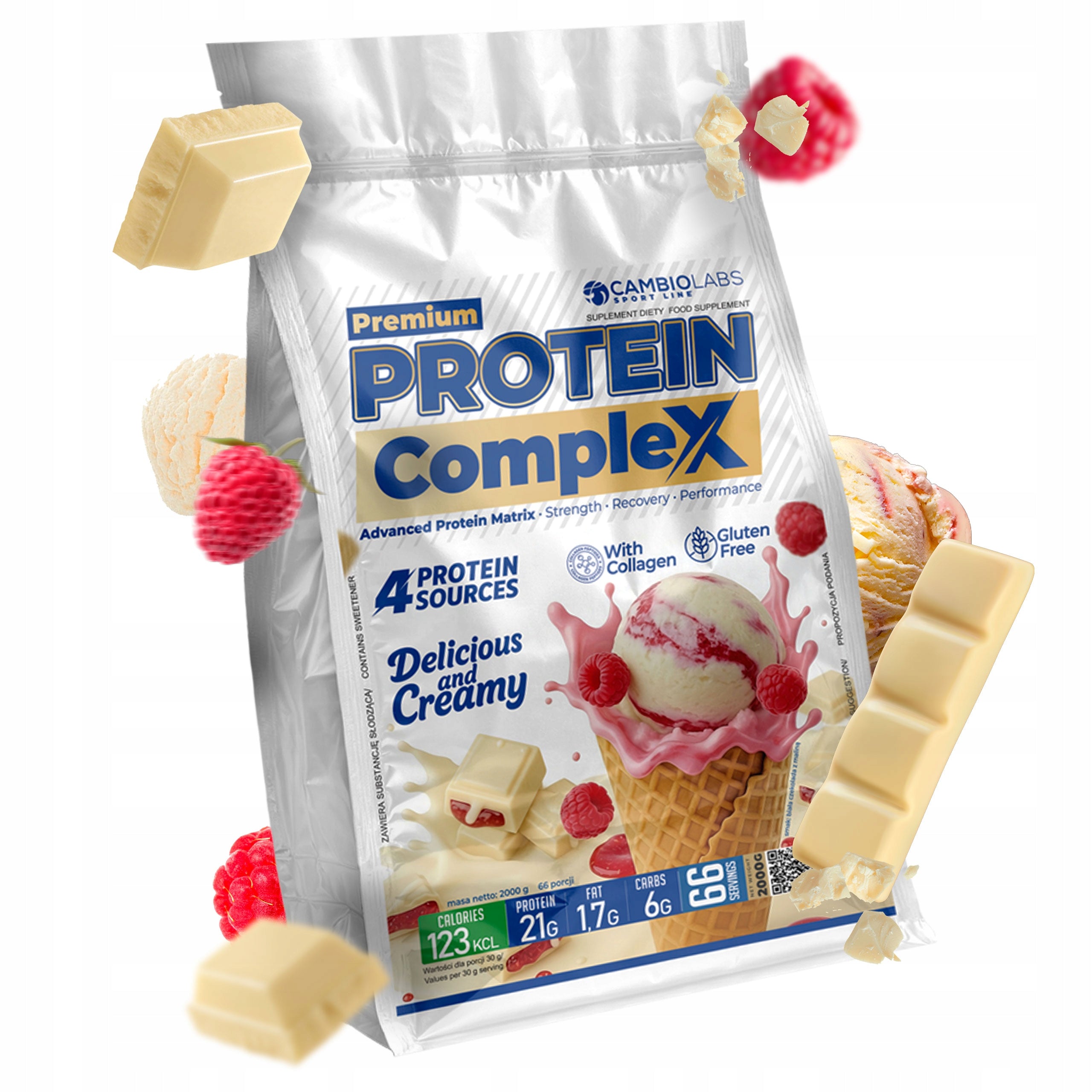 Whey protein WPC beef collagen 2kg ice cream white chocolate with raspberry