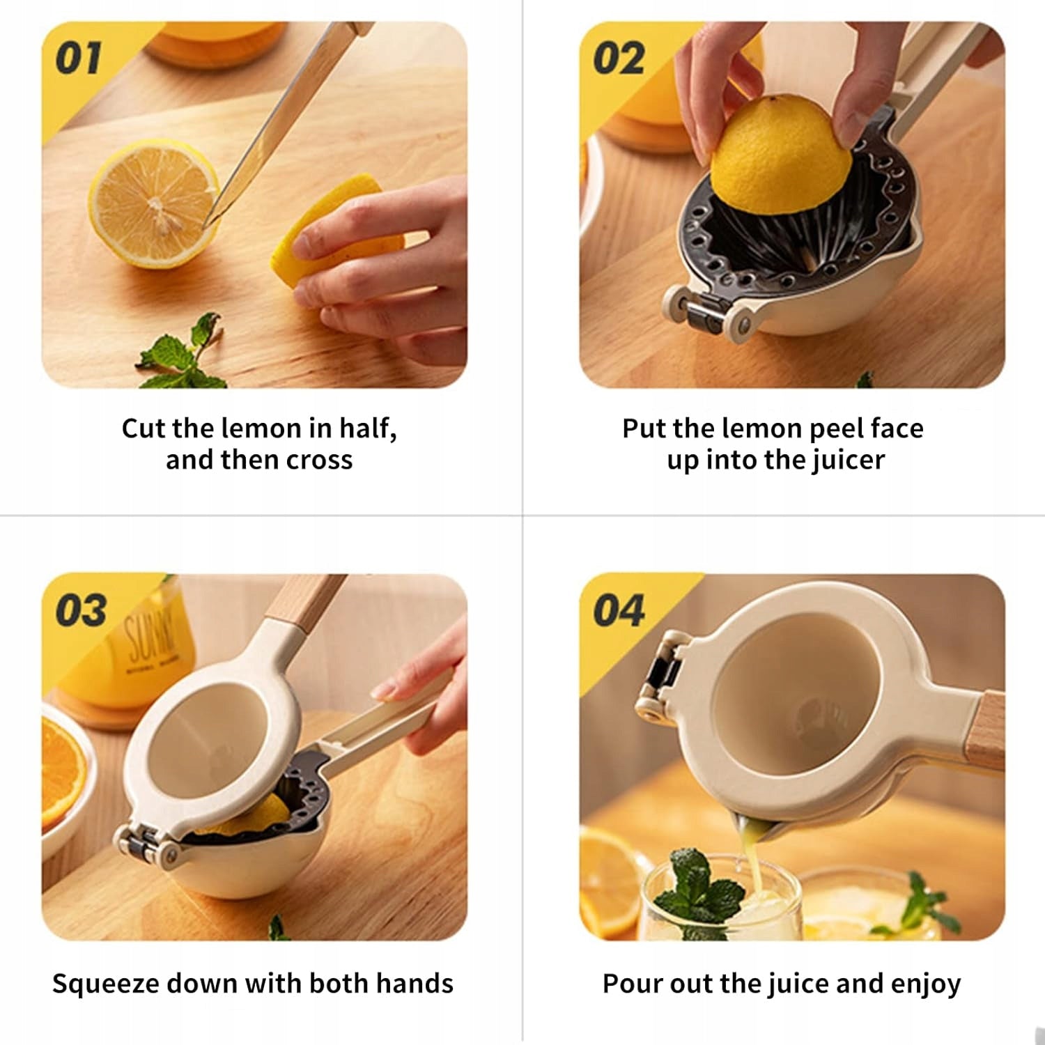White ABS Plastic And Wood Citrine Juicer With Zinc Alloy Mechanism Dominant color white